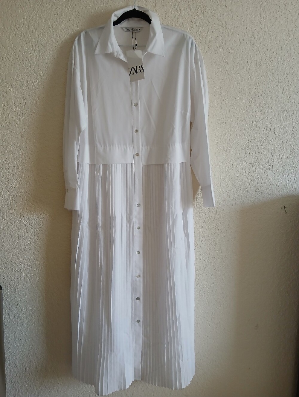 Zara White Long-Sleeve Pleated Midi Shirt Dress - Picture 2 of 10